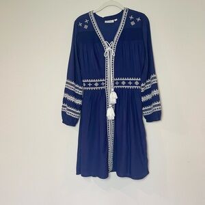 Roller Rabbit Blue Embroidered Long Sleeve Boho Dress